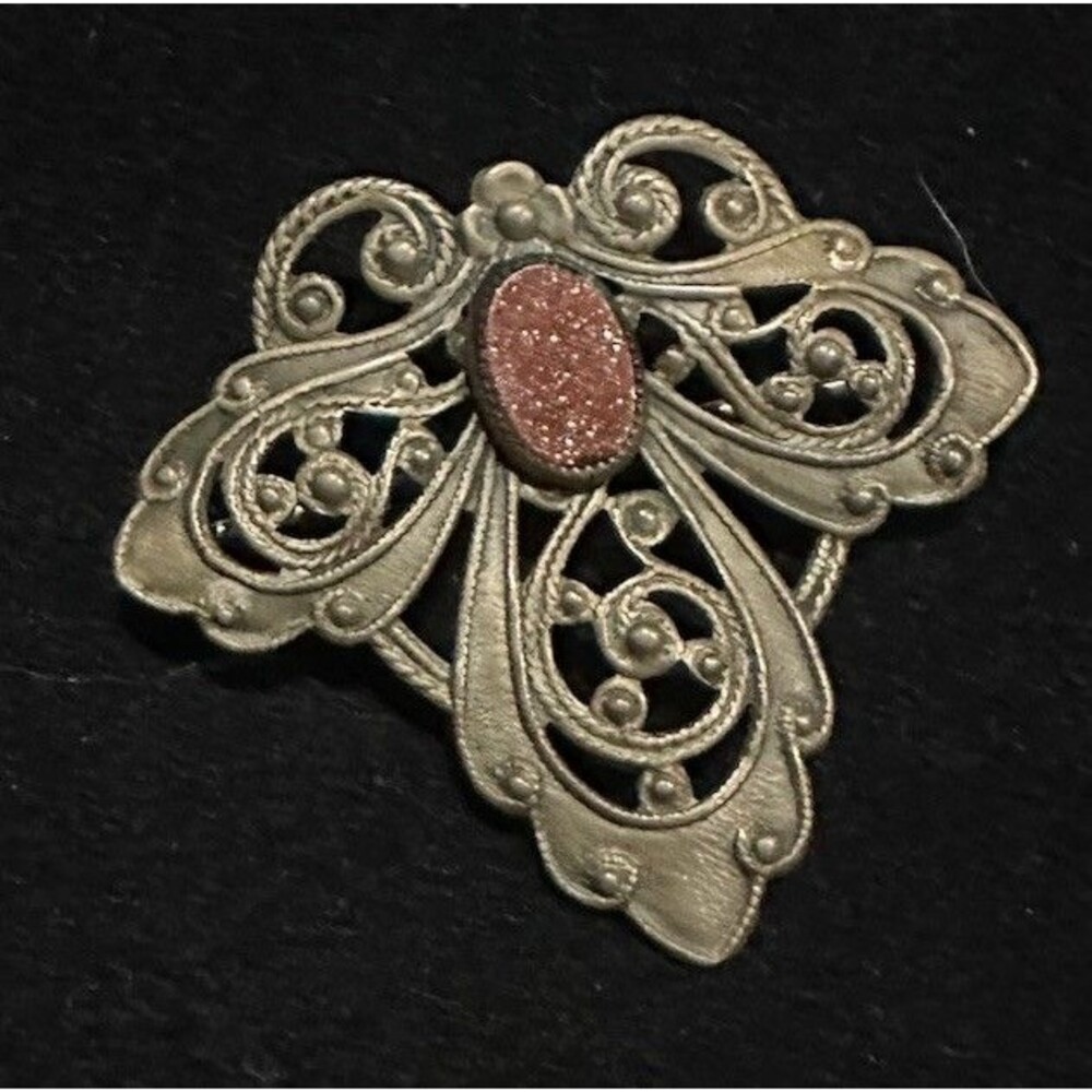 Antique Filigree Art Deco Art Nouveau Brass Brooch Gold Stone Victorian